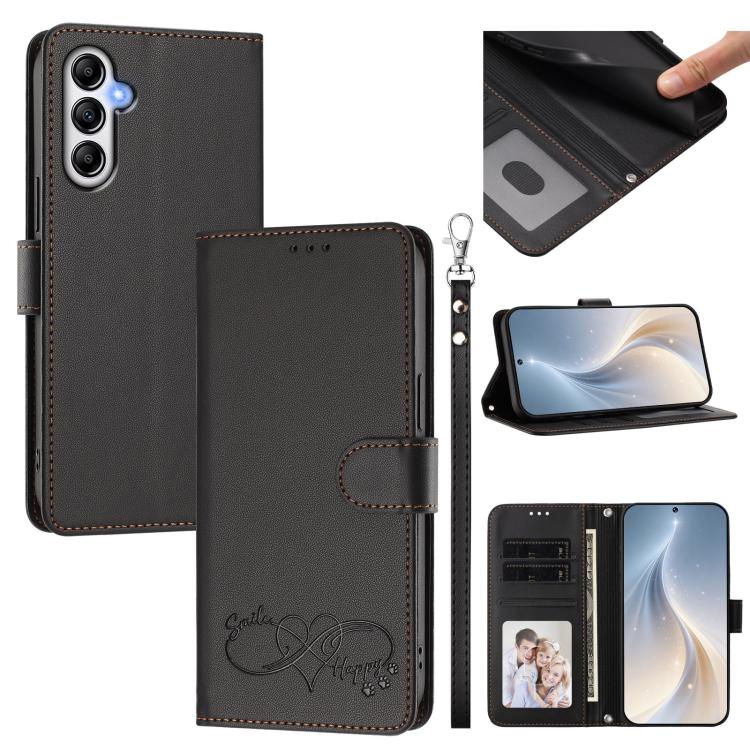 Custodia per telefono in ecopelle con chiusura magnetica e cinturino da polso, con motivo a cuoricini felici., For Galaxy M14 5G, For Galaxy A24 4G