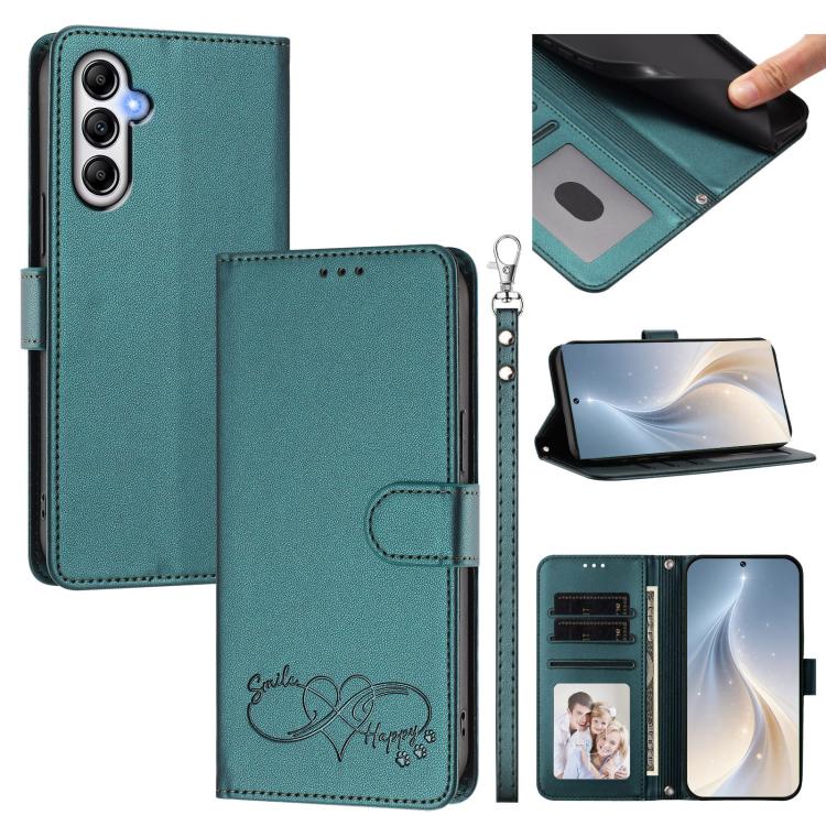 Custodia per telefono in ecopelle con chiusura magnetica e cinturino da polso, con motivo a cuoricini felici., For Galaxy M14 5G, For Galaxy A24 4G