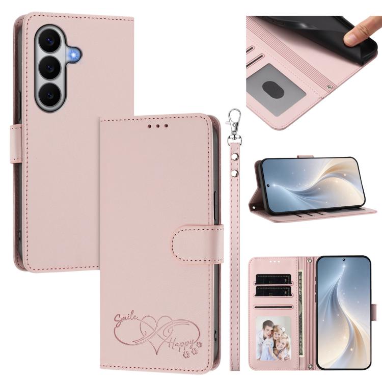 Custodia per telefono in ecopelle con chiusura magnetica e cinturino da polso, con motivo a cuoricini felici., For Galaxy A27 5G, For Galaxy A25e / A25 5G JP