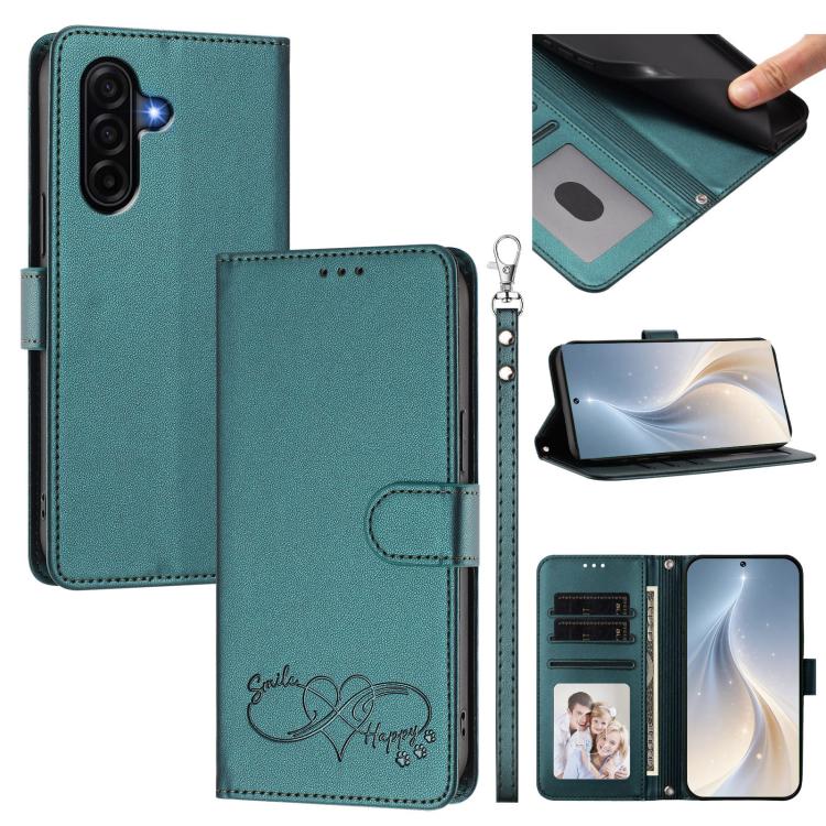 Custodia per telefono in ecopelle con chiusura magnetica e cinturino da polso, con motivo a cuoricini felici., For Galaxy A57 5G, For Galaxy A37 5G