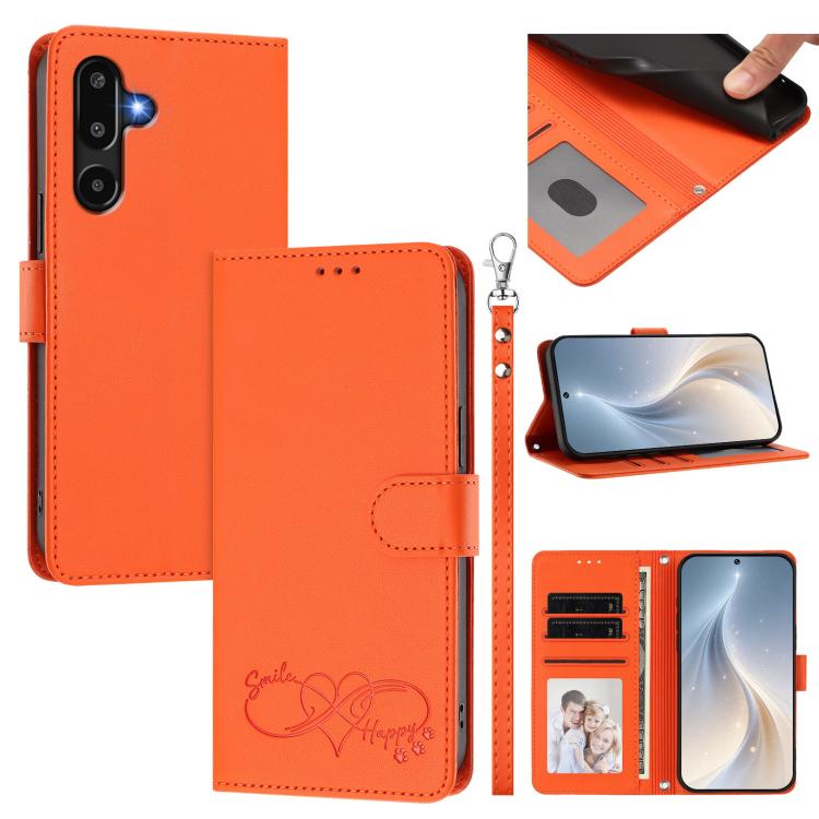 Custodia per telefono in ecopelle con chiusura magnetica e cinturino da polso, con motivo a cuoricini felici., For Galaxy F16 / M16 5G, For Galaxy F06 / M06 5G