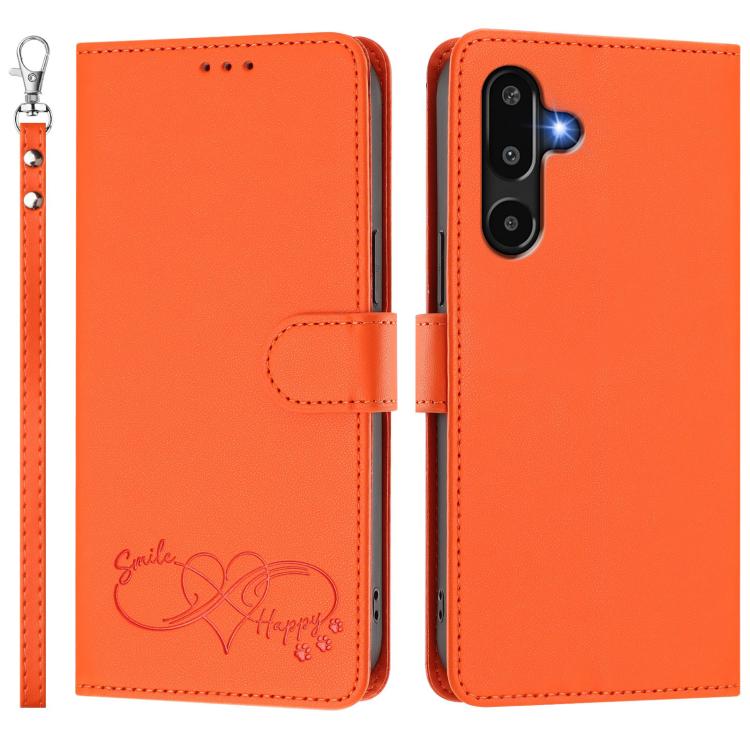 Custodia per telefono in ecopelle con chiusura magnetica e cinturino da polso, con motivo a cuoricini felici., For Galaxy F16 / M16 5G, For Galaxy F06 / M06 5G