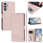 Custodia per telefono in ecopelle con chiusura magnetica e cinturino da polso, con motivo a cuoricini felici., For Galaxy M14 5G, For Galaxy A24 4G