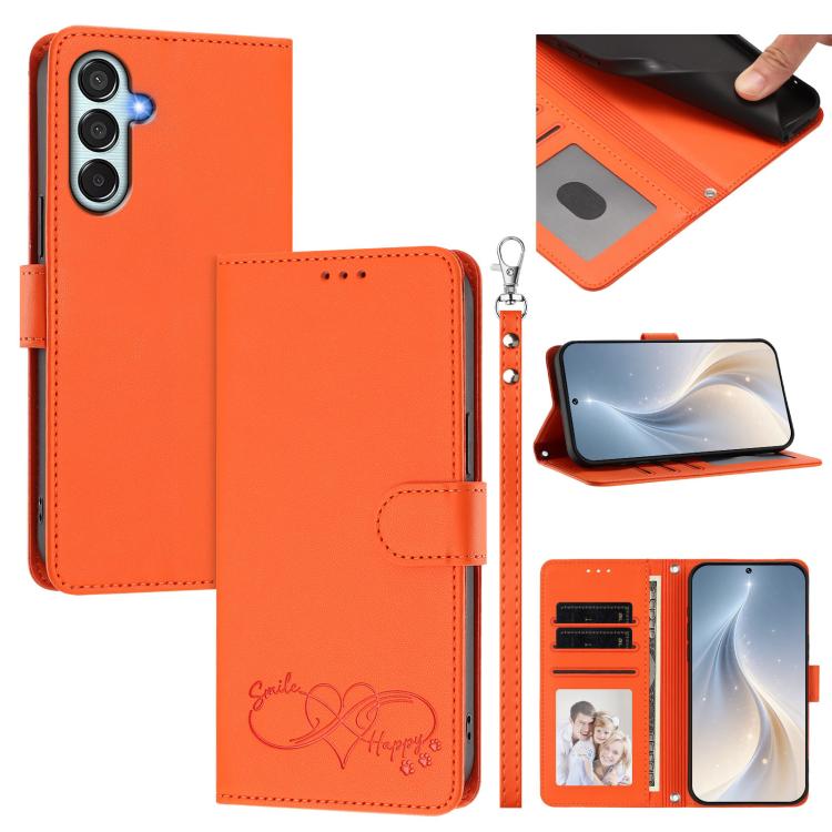 Custodia per telefono in ecopelle con chiusura magnetica e cinturino da polso, con motivo a cuoricini felici., For Galaxy M15 / F15 5G, For Galaxy XCover7