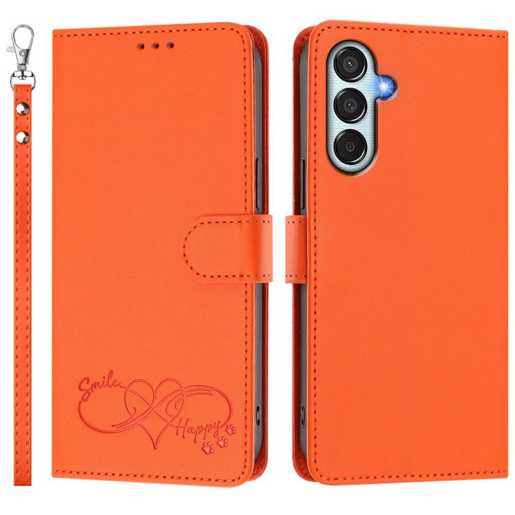 Custodia per telefono in ecopelle con chiusura magnetica e cinturino da polso, con motivo a cuoricini felici., For Galaxy M15 / F15 5G, For Galaxy XCover7