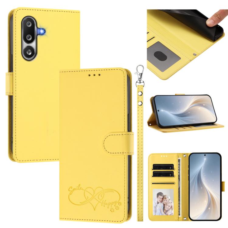 Custodia per telefono in ecopelle con chiusura magnetica e cinturino da polso, con motivo a cuoricini felici., For Galaxy M36 5G, For Galaxy A17 4G / 5G / A26 5G