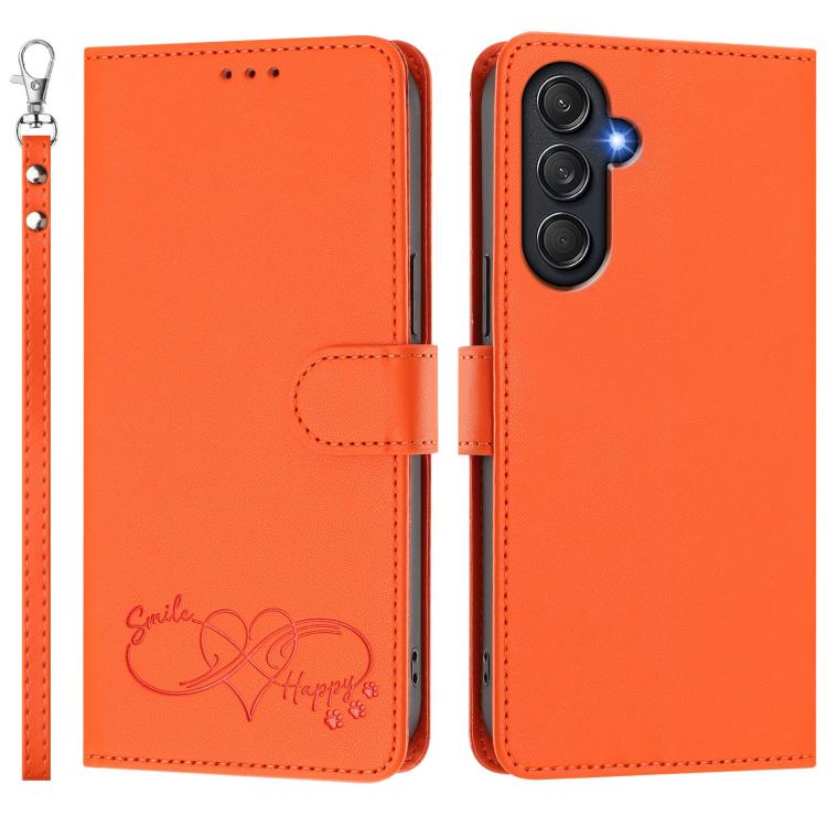 Custodia per telefono in ecopelle con chiusura magnetica e cinturino da polso, con motivo a cuoricini felici., For Galaxy M55 / C55 5G, For Galaxy XCover7 Pro