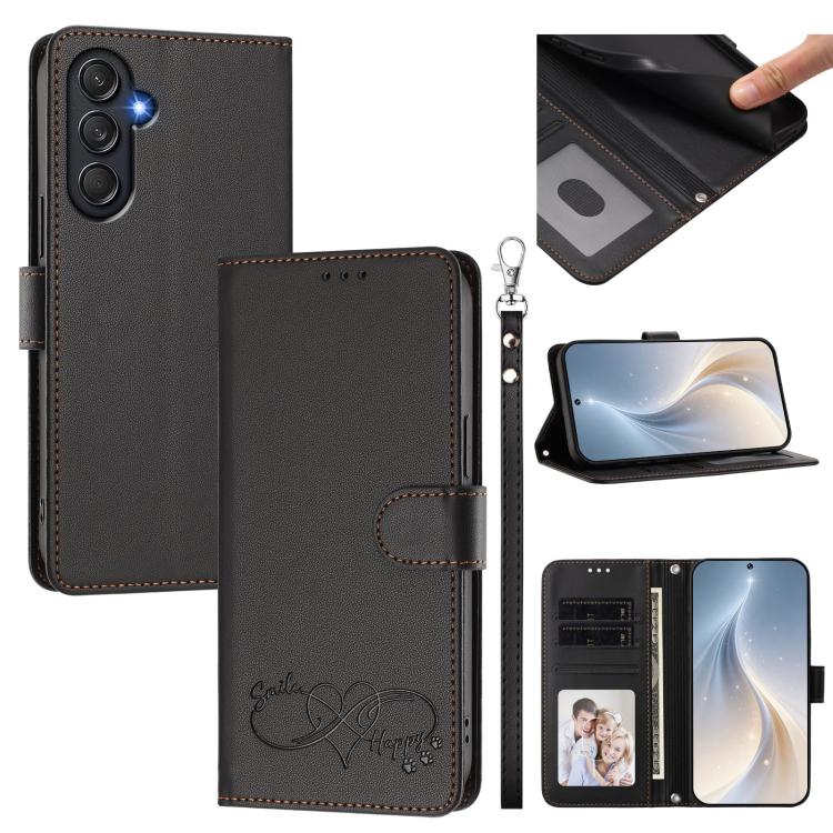 Custodia per telefono in ecopelle con chiusura magnetica e cinturino da polso, con motivo a cuoricini felici., For Galaxy M55 / C55 5G, For Galaxy XCover7 Pro