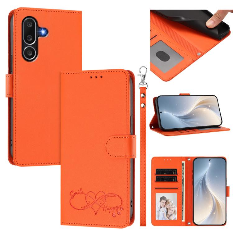 Custodia per telefono in ecopelle con chiusura magnetica e cinturino da polso, con motivo a cuoricini felici., For Galaxy A07 4G / A06 4G / 5G, For Galaxy M56 5G