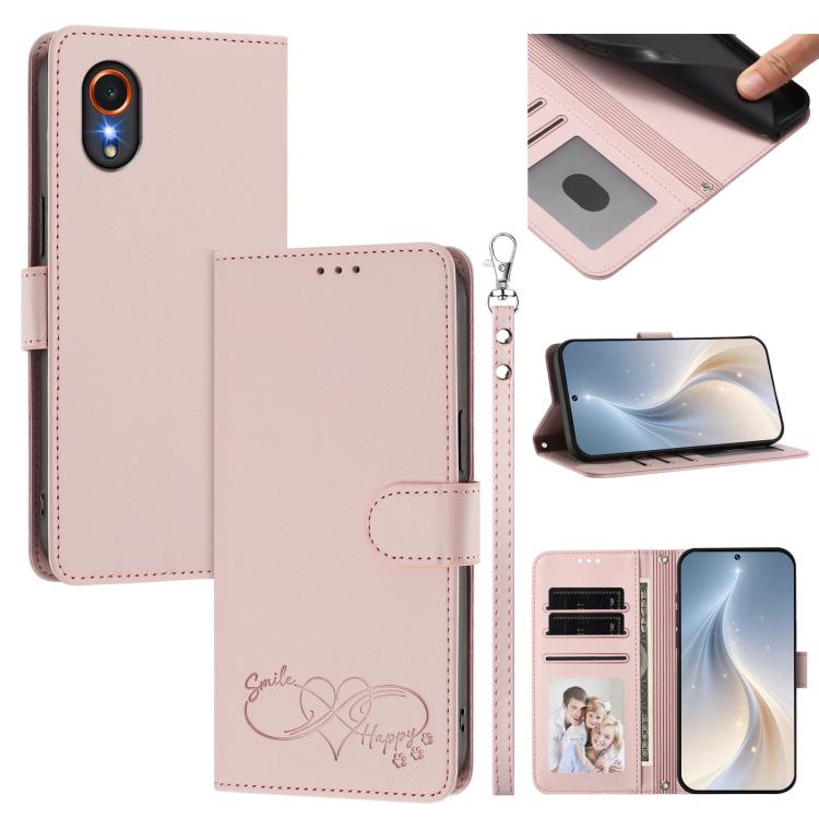Custodia per telefono in ecopelle con chiusura magnetica e cinturino da polso, con motivo a cuoricini felici., For Galaxy M15 / F15 5G, For Galaxy XCover7