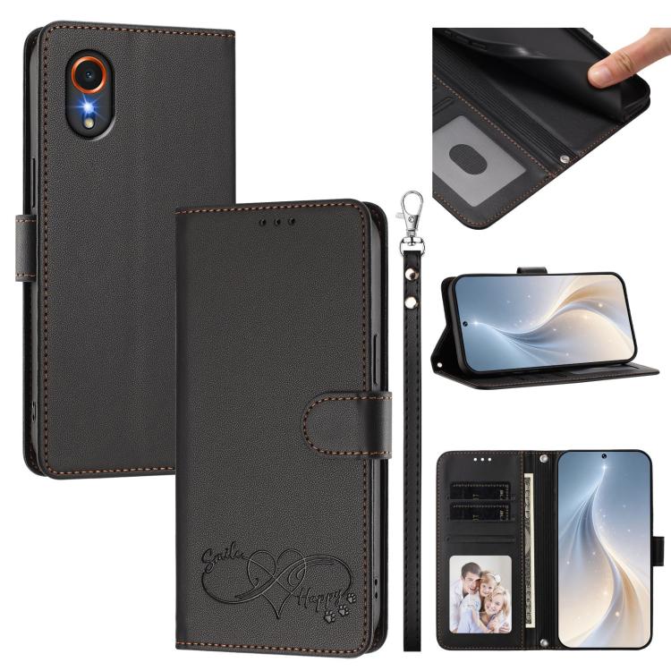 Custodia per telefono in ecopelle con chiusura magnetica e cinturino da polso, con motivo a cuoricini felici., For Galaxy M15 / F15 5G, For Galaxy XCover7