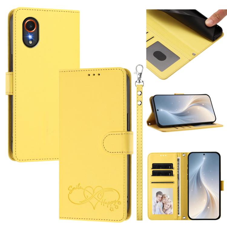 Custodia per telefono in ecopelle con chiusura magnetica e cinturino da polso, con motivo a cuoricini felici., For Galaxy M15 / F15 5G, For Galaxy XCover7