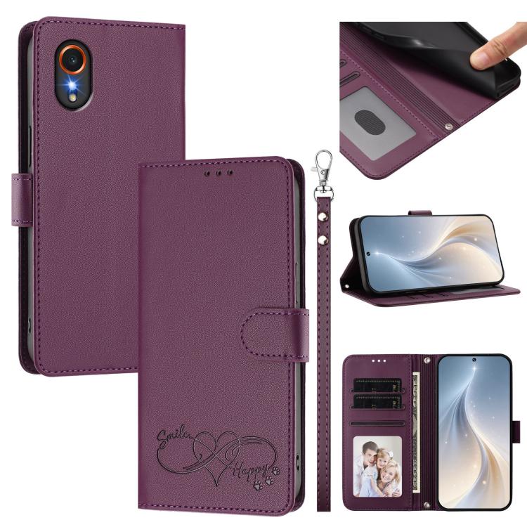 Custodia per telefono in ecopelle con chiusura magnetica e cinturino da polso, con motivo a cuoricini felici., For Galaxy M15 / F15 5G, For Galaxy XCover7