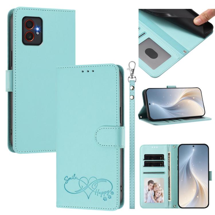 Custodia per telefono in ecopelle con chiusura magnetica e cinturino da polso, con motivo a cuoricini felici., For Galaxy M55 / C55 5G, For Galaxy XCover7 Pro