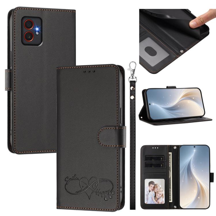 Custodia per telefono in ecopelle con chiusura magnetica e cinturino da polso, con motivo a cuoricini felici., For Galaxy M55 / C55 5G, For Galaxy XCover7 Pro