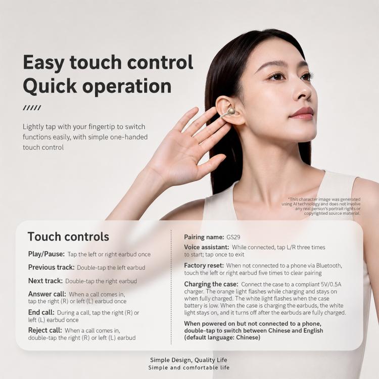 Auricolari wireless Bluetooth ZGA GS29 Free Music 2 con clip auricolare.