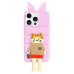 Custodia per telefono in TPU e silicone con orecchie di volpe e piumino d'oca, con custodia pieghevole a forma di gatto dei cartoni animati., For iPhone 16 Pro, For iPhone 16, For iPhone 15 Pro Max, For iPhone 15 Pro