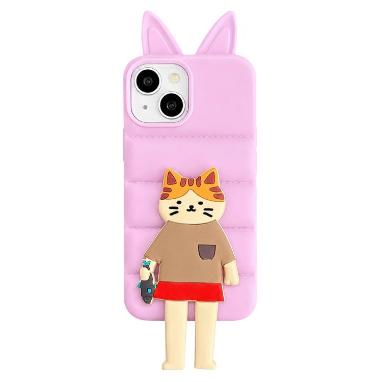 Custodia per telefono in TPU e silicone con orecchie di volpe e piumino d'oca, con custodia pieghevole a forma di gatto dei cartoni animati., For iPhone 15, For iPhone 14, For iPhone 14 Pro, For iPhone 14 Pro Max
