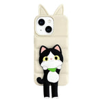 Custodia per telefono in TPU e silicone con orecchie di volpe e piumino d'oca, con custodia pieghevole a forma di gatto dei cartoni animati., For iPhone 15, For iPhone 14, For iPhone 14 Pro, For iPhone 14 Pro Max
