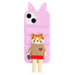 Custodia per telefono in TPU e silicone con orecchie di volpe e piumino d'oca, con custodia pieghevole a forma di gatto dei cartoni animati., For iPhone 15, For iPhone 14, For iPhone 14 Pro, For iPhone 14 Pro Max
