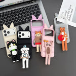 Custodia per telefono in TPU e silicone con orecchie di volpe e piumino d'oca, con custodia pieghevole a forma di gatto dei cartoni animati., For iPhone 15, For iPhone 14, For iPhone 14 Pro, For iPhone 14 Pro Max