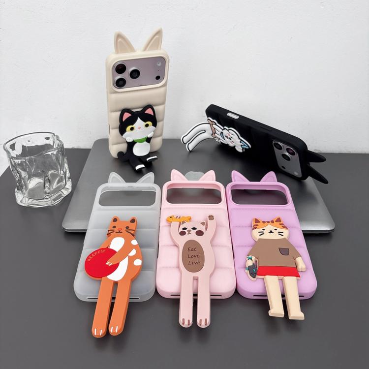 Custodia per telefono in TPU e silicone con orecchie di volpe e piumino d'oca, con custodia pieghevole a forma di gatto dei cartoni animati., For iPhone 17 Pro Max, For iPhone 17 Pro, For iPhone 17, For iPhone 16 Pro Max