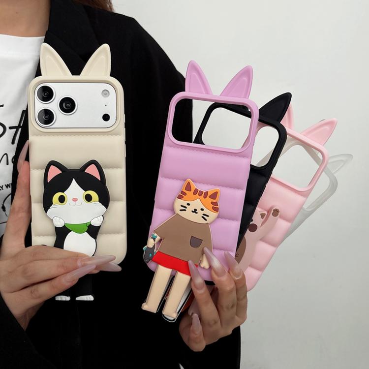 Custodia per telefono in TPU e silicone con orecchie di volpe e piumino d'oca, con custodia pieghevole a forma di gatto dei cartoni animati., For iPhone 17 Pro Max, For iPhone 17 Pro, For iPhone 17, For iPhone 16 Pro Max