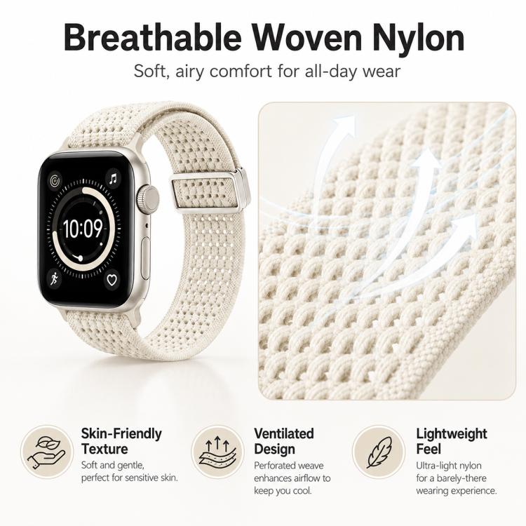 Cinturino per orologio xDfind in nylon intrecciato con fibbia magnetica e design traforato., For Apple Watch 42 / 44 / 45 / 46 / 49mm, For Apple Watch 38 / 40 / 41 / S11 42mm