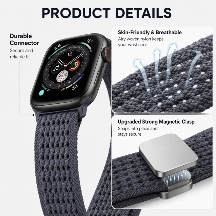 Cinturino per orologio xDfind in nylon intrecciato con fibbia magnetica e design traforato., For Apple Watch 42 / 44 / 45 / 46 / 49mm, For Apple Watch 38 / 40 / 41 / S11 42mm