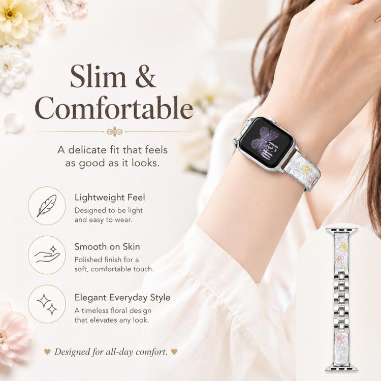 Cinturino per orologio xDfind in metallo e resina epossidica con motivo floreale, For Apple Watch 42 / 44 / 45 / 46 / 49mm, For Apple Watch 38 / 40 / 41 / S11 42mm