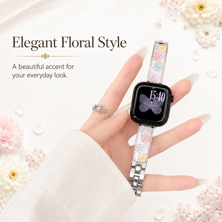 Cinturino per orologio xDfind in metallo e resina epossidica con motivo floreale, For Apple Watch 42 / 44 / 45 / 46 / 49mm, For Apple Watch 38 / 40 / 41 / S11 42mm