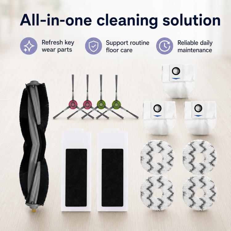Per i ricambi di Ecovacs DEEBOT T20 Pro / T20 Max / T20, 14pcs Combo, Main Brush, Activated Carbon Filter, Dual White Side Brush, Dual Grey Side Brush, Mop Pad Holder, Dust Bag, Activated Carbon Dust Bag, White Mop Pad, Grey Mop Pad                    ...