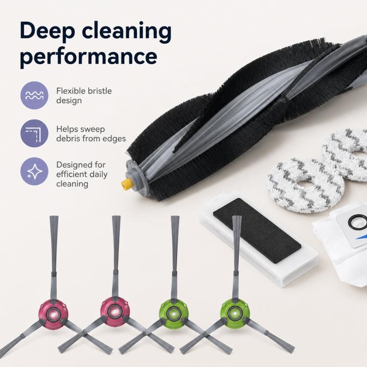 Per i ricambi di Ecovacs DEEBOT T20 Pro / T20 Max / T20, 14pcs Combo, Main Brush, Activated Carbon Filter, Dual White Side Brush, Dual Grey Side Brush, Mop Pad Holder, Dust Bag, Activated Carbon Dust Bag, White Mop Pad, Grey Mop Pad                    ...