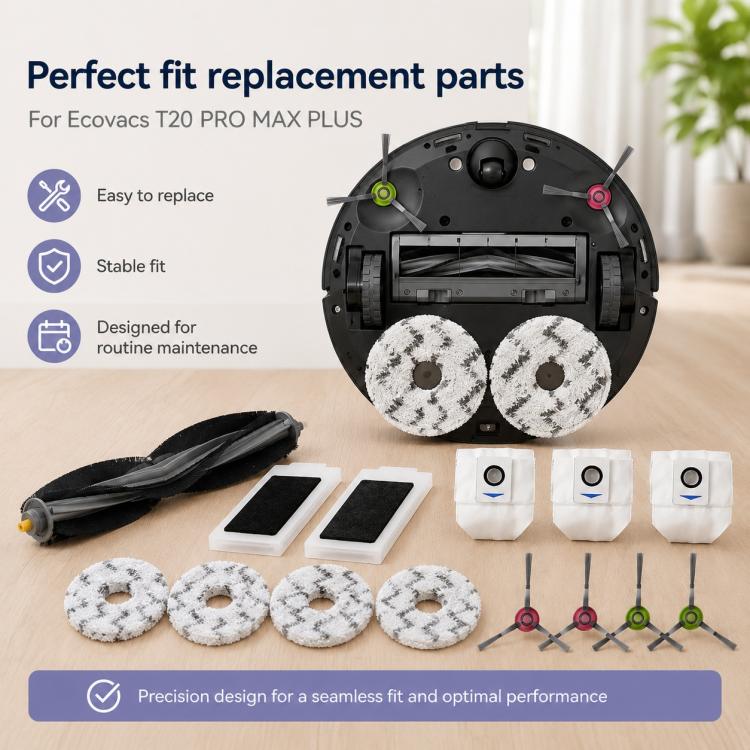 Per i ricambi di Ecovacs DEEBOT T20 Pro / T20 Max / T20, 14pcs Combo, Main Brush, Activated Carbon Filter, Dual White Side Brush, Dual Grey Side Brush, Mop Pad Holder, Dust Bag, Activated Carbon Dust Bag, White Mop Pad, Grey Mop Pad                    ...