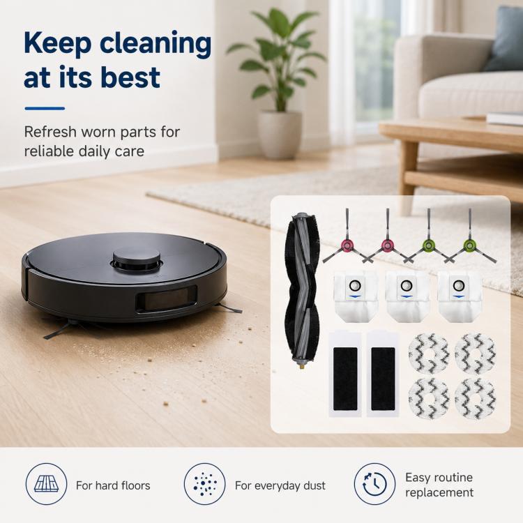 Per i ricambi di Ecovacs DEEBOT T20 Pro / T20 Max / T20, 14pcs Combo, Main Brush, Activated Carbon Filter, Dual White Side Brush, Dual Grey Side Brush, Mop Pad Holder, Dust Bag, Activated Carbon Dust Bag, White Mop Pad, Grey Mop Pad                    ...