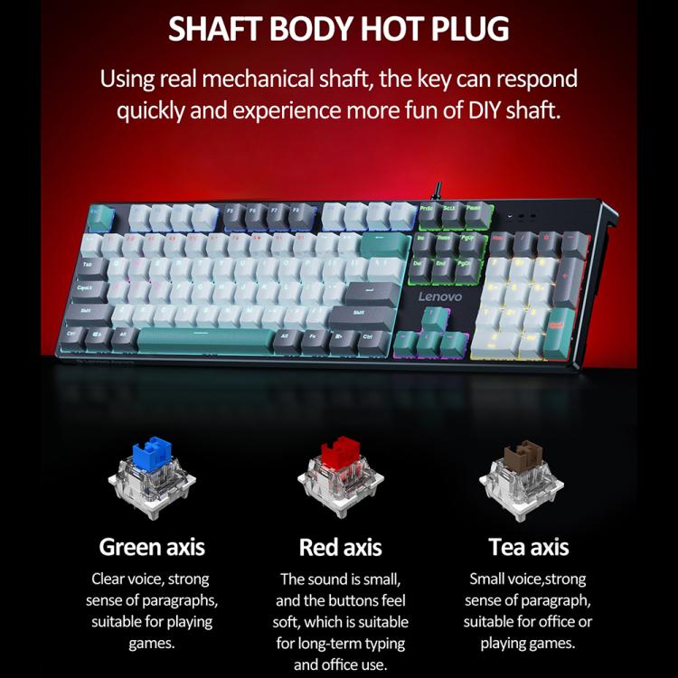 Tastiera meccanica cablata Lenovo GK10 RGB a 104 tasti, Tea Axis, Red Axis, Blue Axis