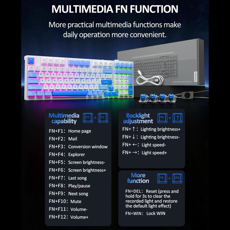 Tastiera meccanica wireless Lenovo GK10 RGB a 98 tasti con tre modalità., Tea Axis, Red Axis, Blue Axis