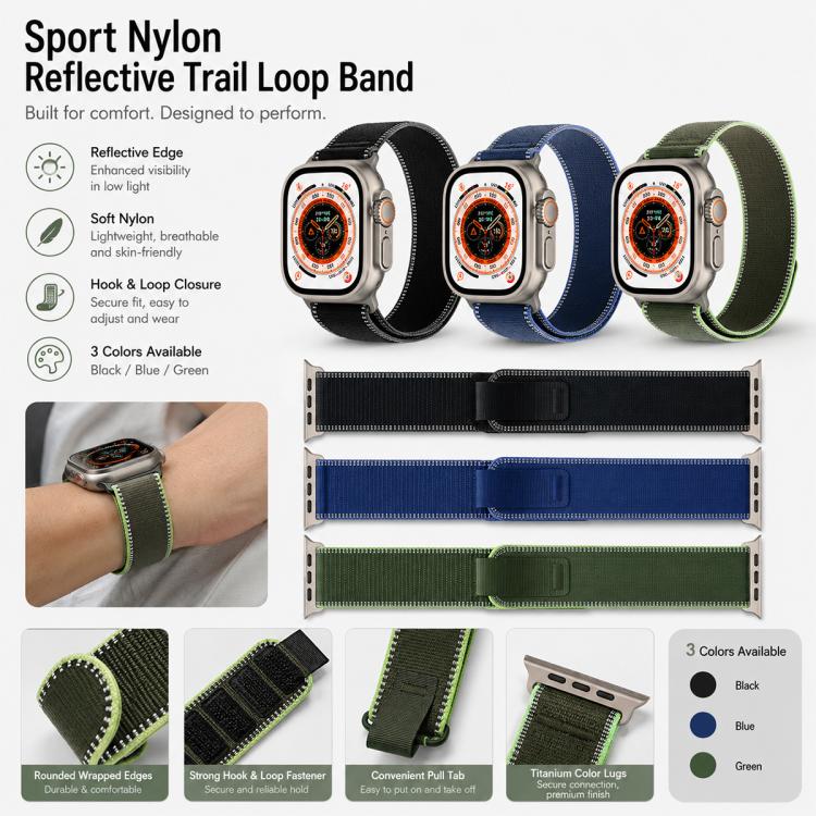 Cinturino per orologio xDfind regolabile con chiusura a strappo in nylon riflettente, For Apple Watch 42 / 44 / 45 / 46 / 49mm, For Apple Watch 38 / 40 / 41 / S11 42mm