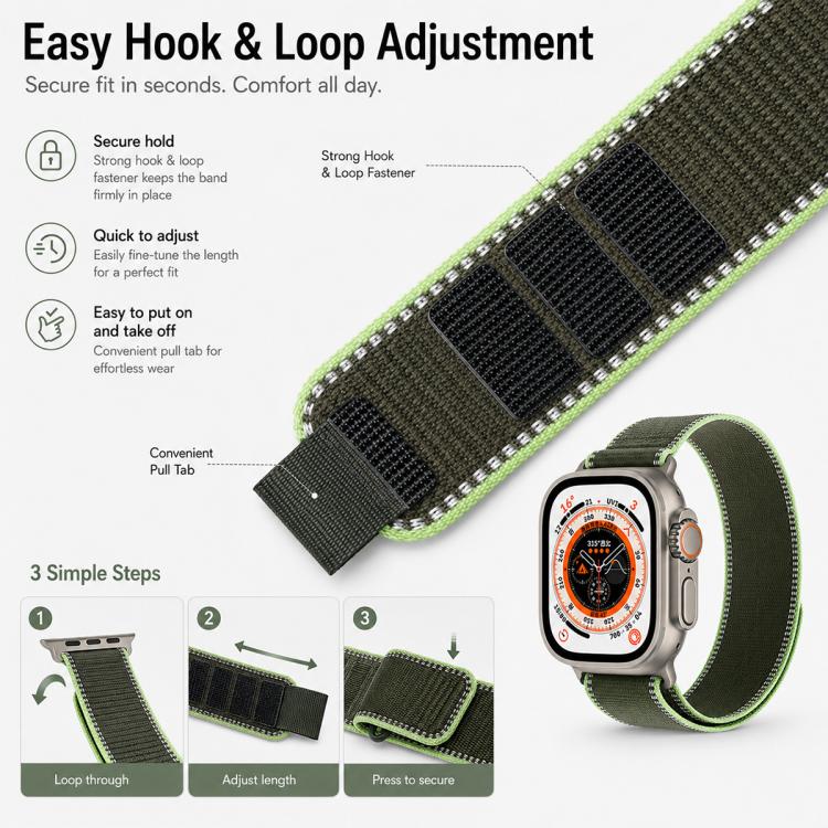 Cinturino per orologio xDfind regolabile con chiusura a strappo in nylon riflettente, For Apple Watch 42 / 44 / 45 / 46 / 49mm, For Apple Watch 38 / 40 / 41 / S11 42mm