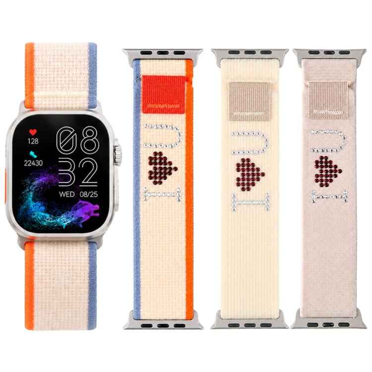 Cinturino per orologio in nylon con chiusura a strappo e strass xDfind, For Apple Watch 42 / 44 / 45 / 46 / 49mm, For Apple Watch 38 / 40 / 41 / S11 42mm