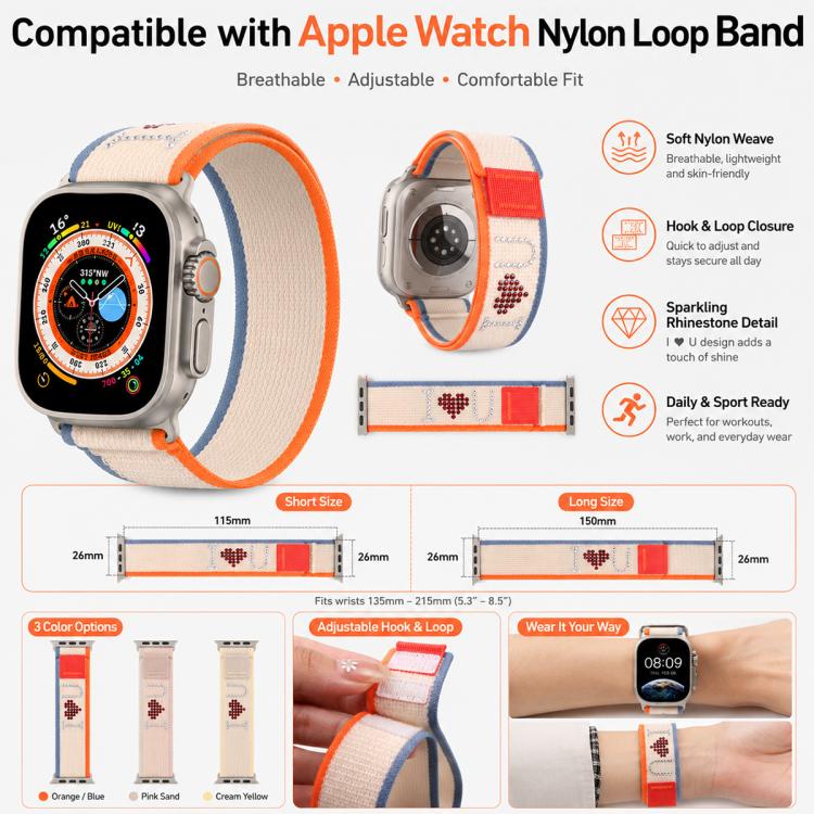 Cinturino per orologio in nylon con chiusura a strappo e strass xDfind, For Apple Watch 42 / 44 / 45 / 46 / 49mm, For Apple Watch 38 / 40 / 41 / S11 42mm