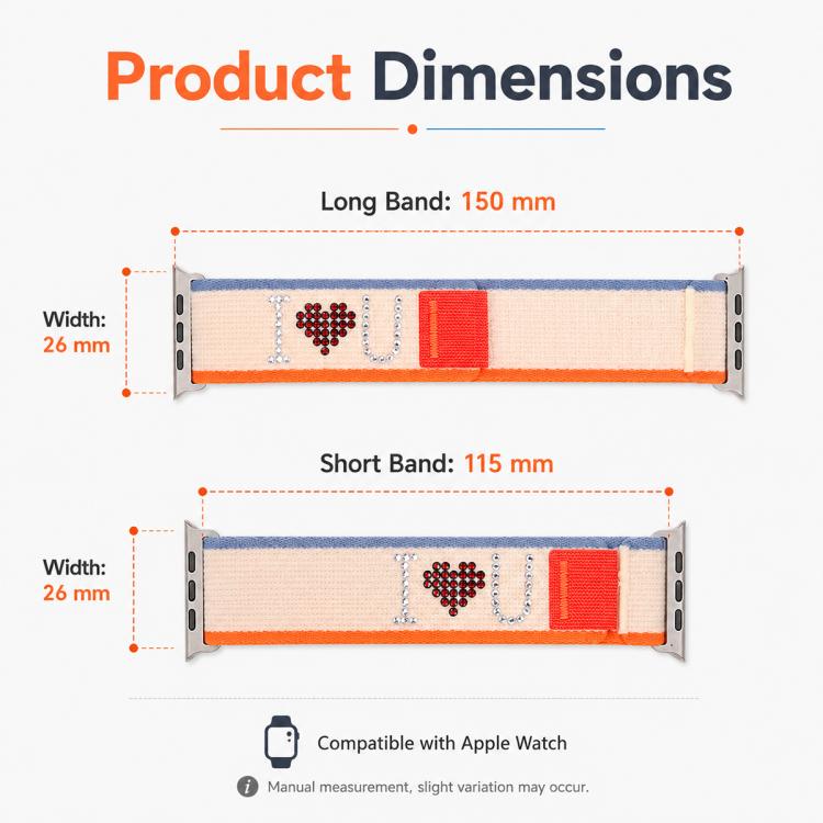 Cinturino per orologio in nylon con chiusura a strappo e strass xDfind, For Apple Watch 42 / 44 / 45 / 46 / 49mm, For Apple Watch 38 / 40 / 41 / S11 42mm
