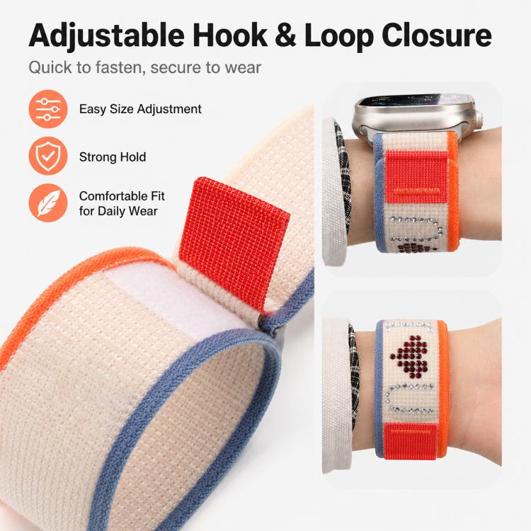 Cinturino per orologio in nylon con chiusura a strappo e strass xDfind, For Apple Watch 42 / 44 / 45 / 46 / 49mm, For Apple Watch 38 / 40 / 41 / S11 42mm