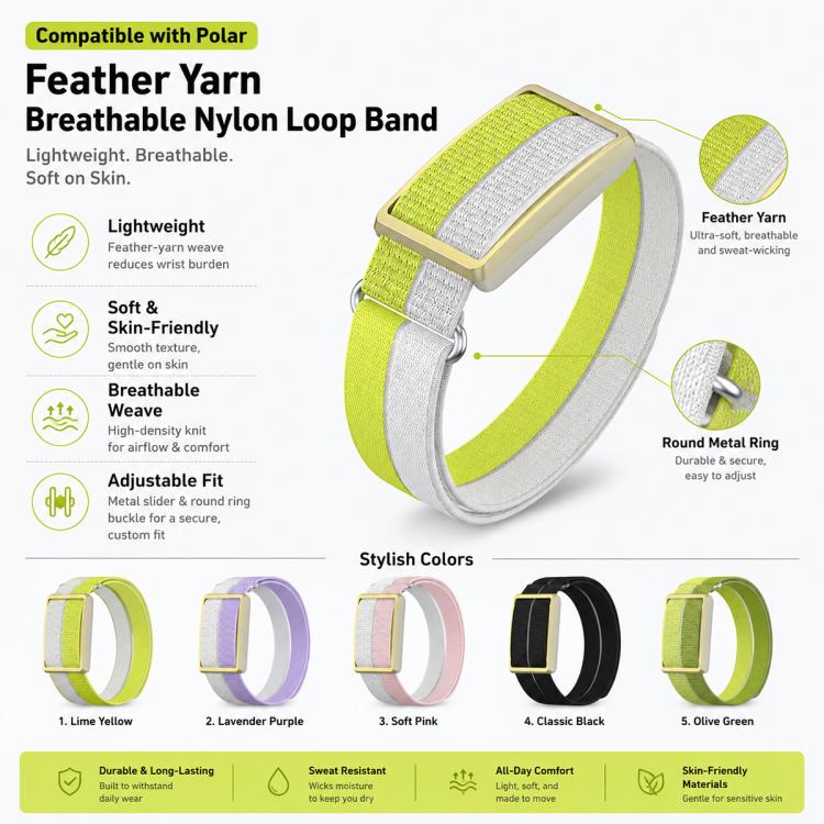 Cinturino per orologio Polar Loop xDfind con fibbia rotonda in metallo, in nylon traspirante con filato di piuma e passante in metallo., S Wrist Circumference 135–170 mm, L Wrist Circumference 170-235mm