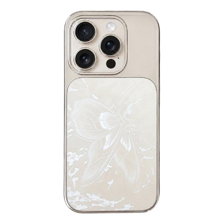 Custodia per telefono in policarbonato galvanizzato e vetro con motivo a farfalla., For iPhone 16 Pro, For iPhone 16, For iPhone 15 Pro Max, For iPhone 15 Pro