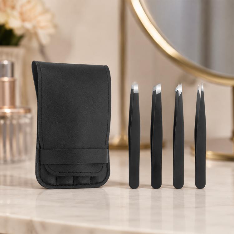 Set di 4 pinzette in acciaio inossidabile per la modellatura delle sopracciglia, con custodia in pelle PU.