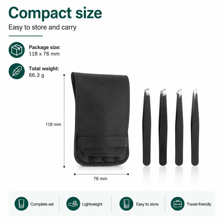 Set di 4 pinzette in acciaio inossidabile per la modellatura delle sopracciglia, con custodia in pelle PU.