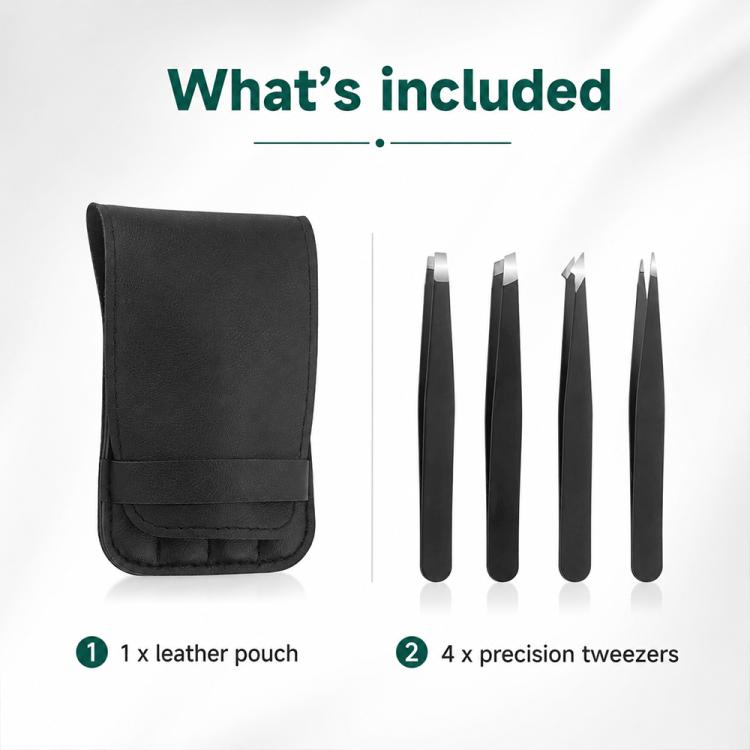Set di 4 pinzette in acciaio inossidabile per la modellatura delle sopracciglia, con custodia in pelle PU.