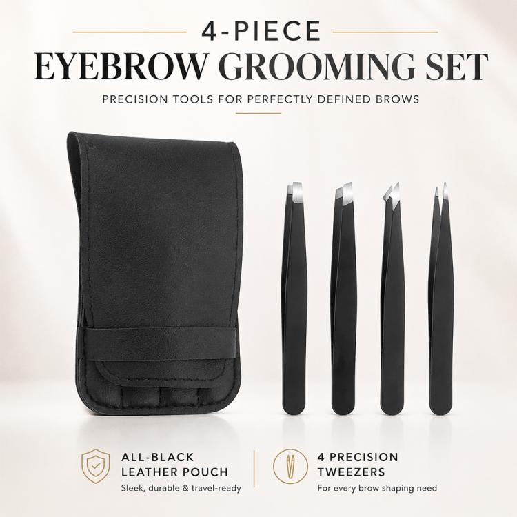Set di 4 pinzette in acciaio inossidabile per la modellatura delle sopracciglia, con custodia in pelle PU.