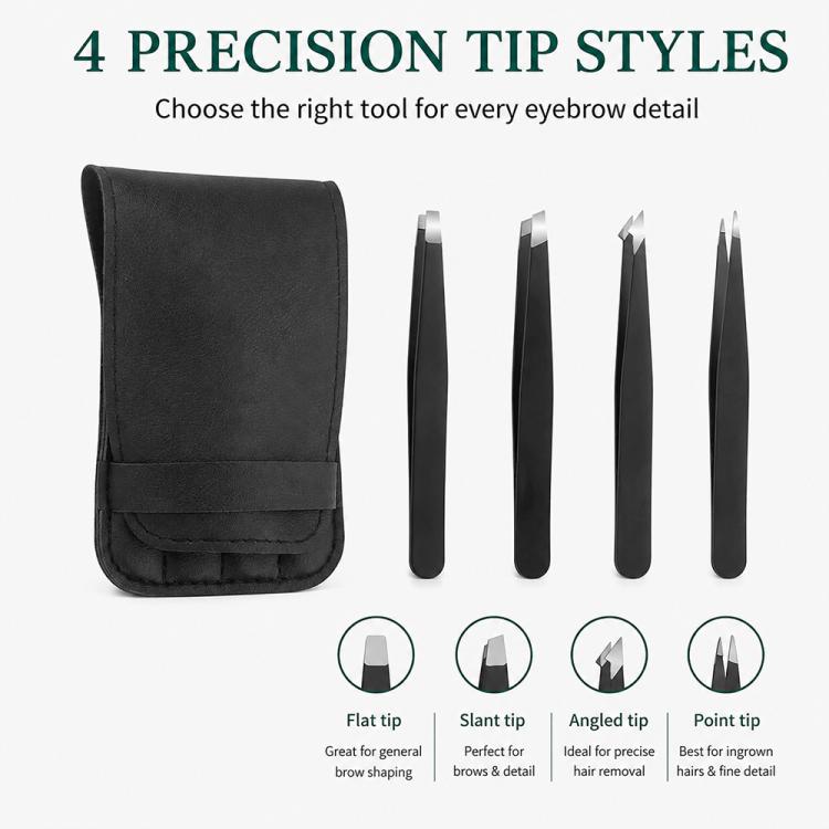 Set di 4 pinzette in acciaio inossidabile per la modellatura delle sopracciglia, con custodia in pelle PU.